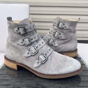 Paul Green Anne Buckle Strap Light Gray Suede Ankle Boots 8.5